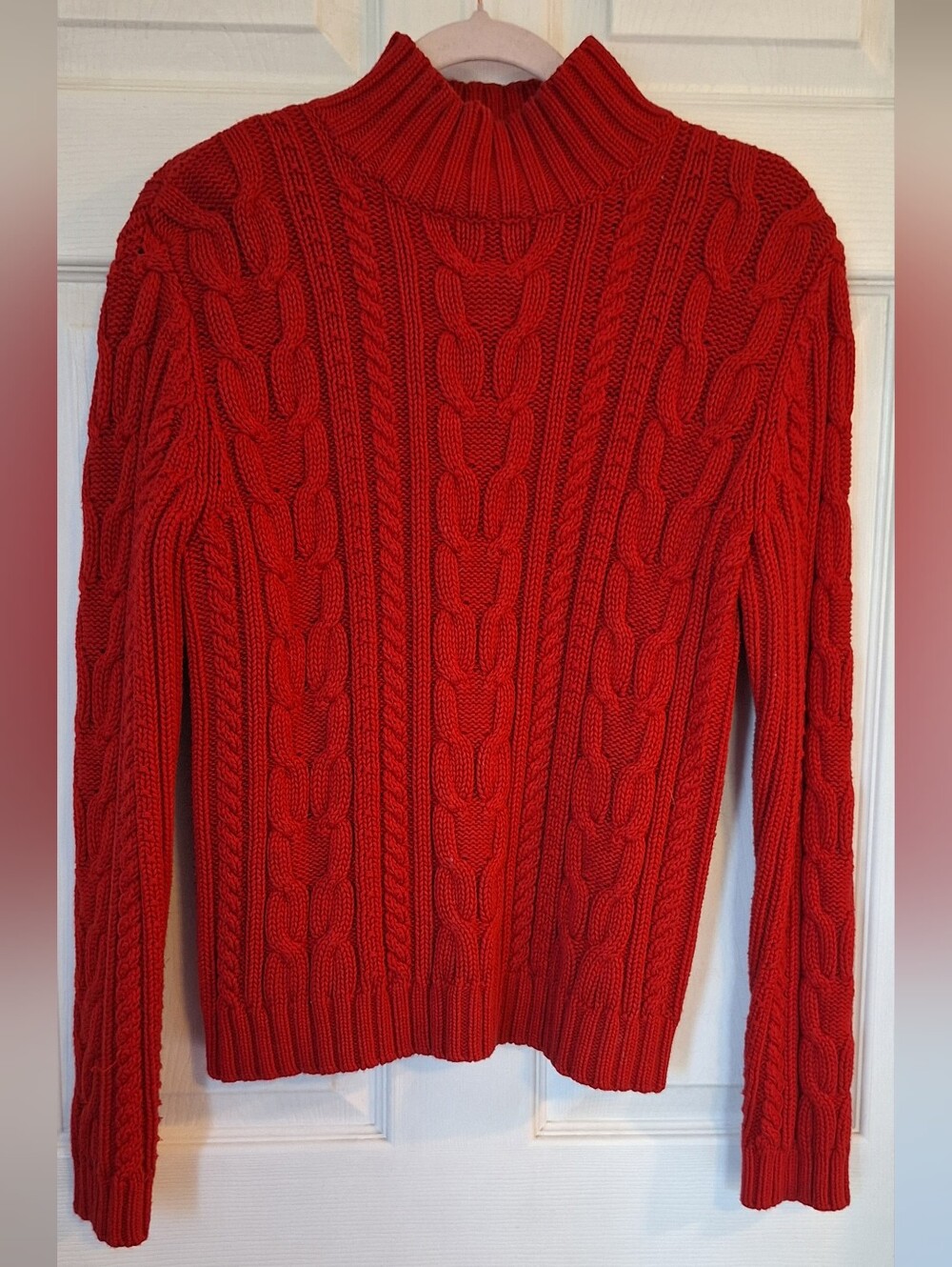 CHAPS Red Cable Knit Mock Neck Sweater 100% Cotton Size L